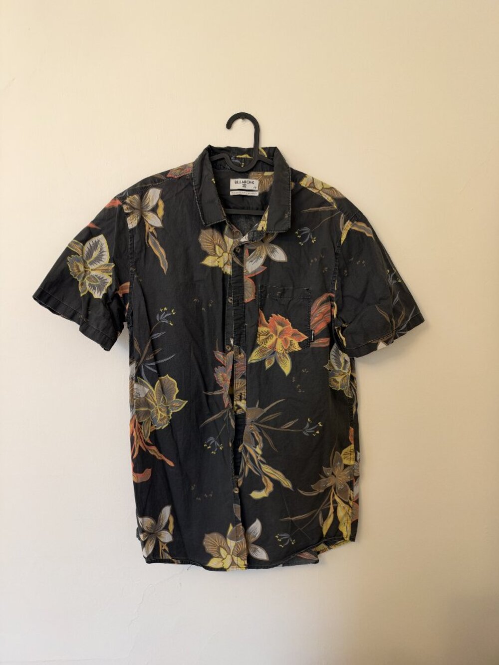 Billabong Black Floral Cotton Short Sleeve Shirt Men's L